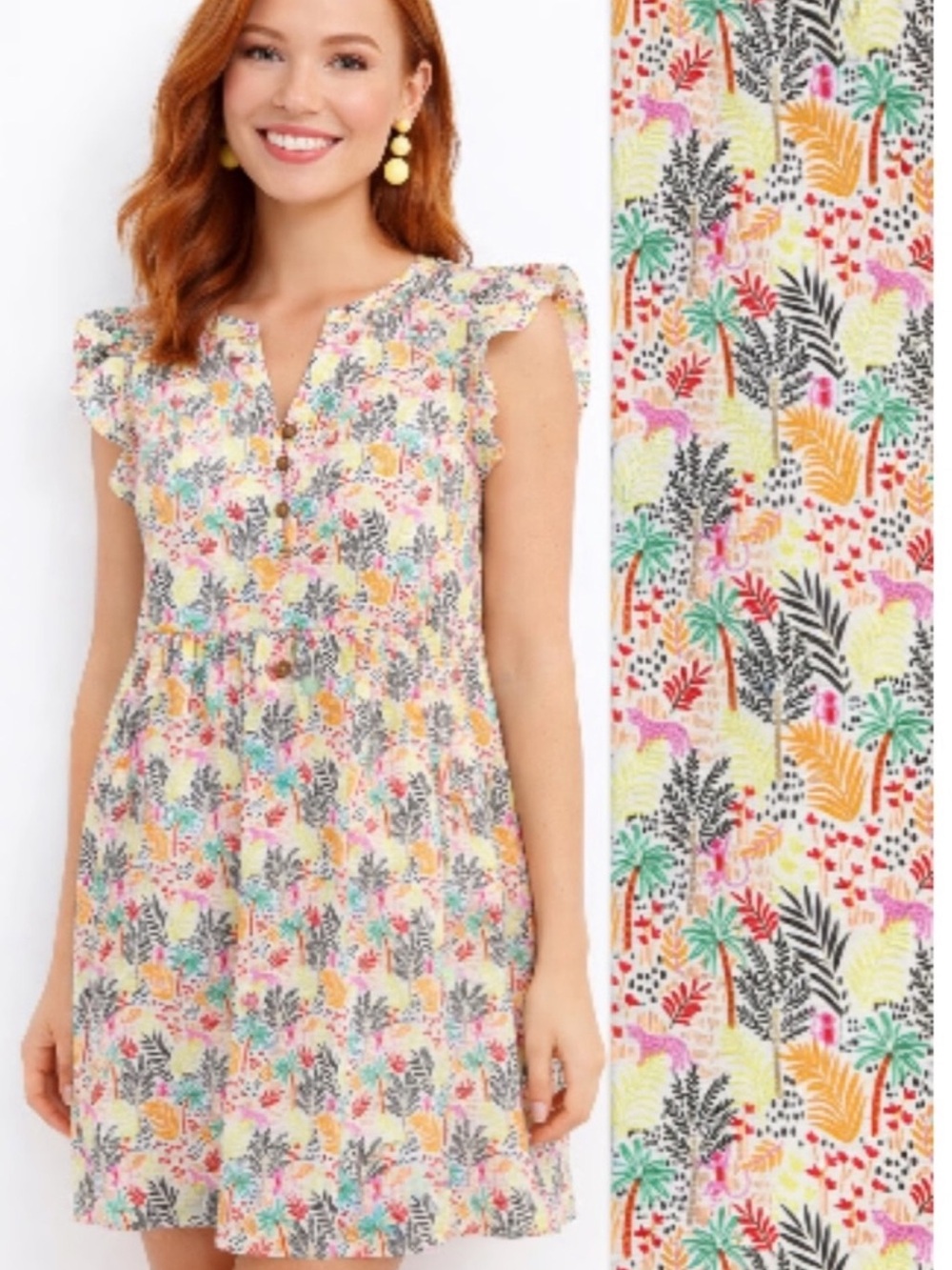 Loft Paradise Tropical Dress Ruffle Button Multicolored Oversize Babydoll